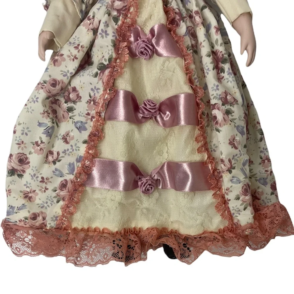 Vintage Victorian Porcelain Doll Floral Lace Cottage Core Flower Prairie Dress